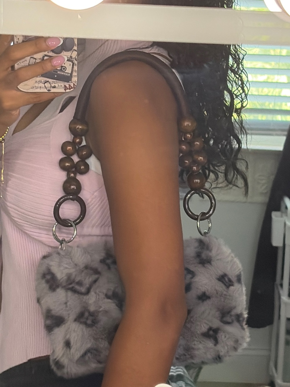Luxury Gray Faux Fur Shoulder Bag w/ Beaded Handle